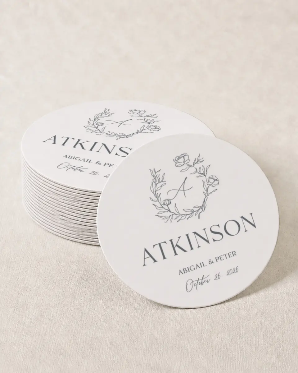 This is a 4" x 4" Wedding Coaster called Modern Love printed in full color with Gold foil on Kraft Chipboard paper