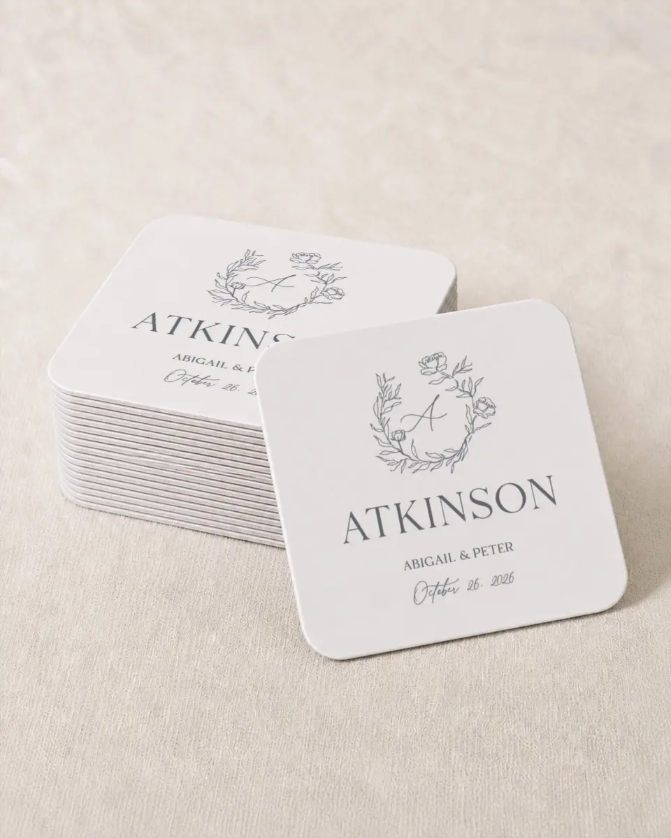 This is a 4" x 4" Wedding Coaster called Modern Love printed in full color on Kraft Chipboard paper
