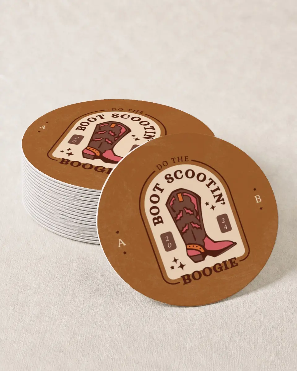 This is a 4" x 4" Wedding Coaster called Boogie Boots printed in full color on Kraft Chipboard paper