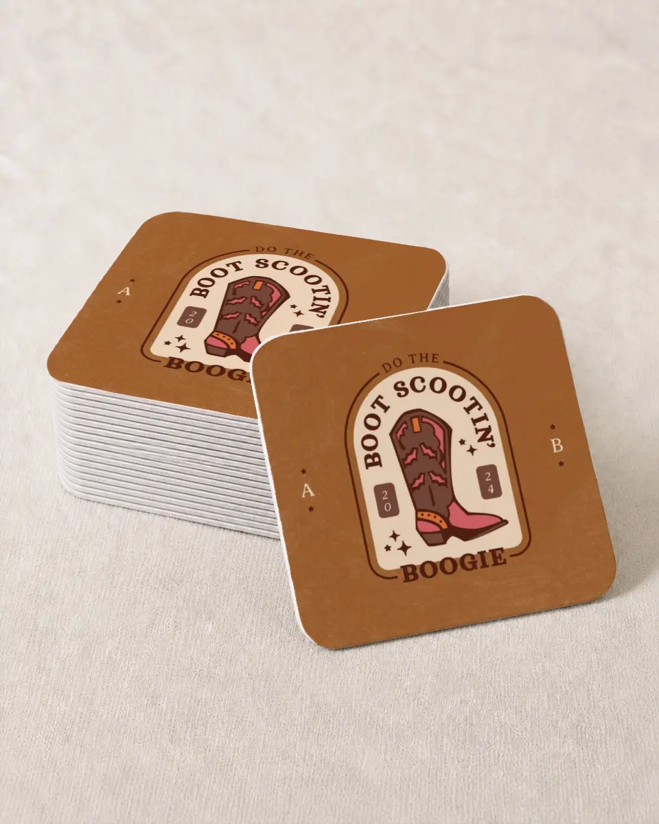 This is a 4" x 4" Wedding Coaster called Boogie Boots printed in full color on Kraft Chipboard paper