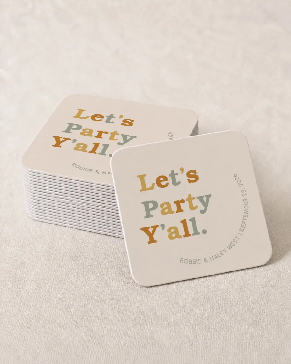 This is a 4" x 4" Wedding Coaster called Party Y'all printed in full color with Rose Gold foil on Kraft Chipboard paper