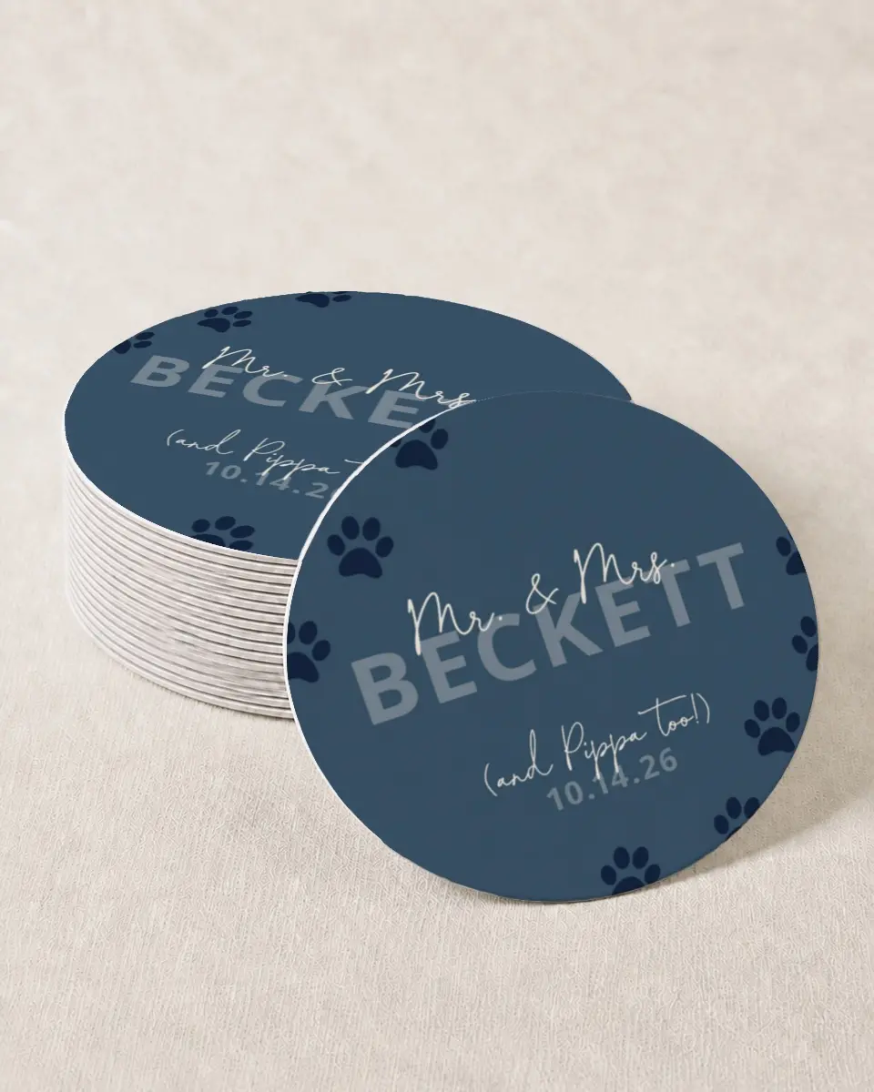 This is a 4" x 4" Wedding Coaster called Puppy Love printed in full color with Gold foil on Kraft Chipboard paper