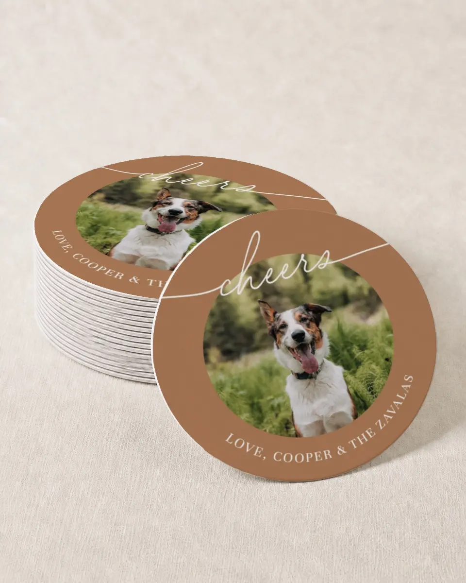This is a 4" x 4" Wedding Coaster called From Our Pet printed in full color on Kraft Chipboard paper