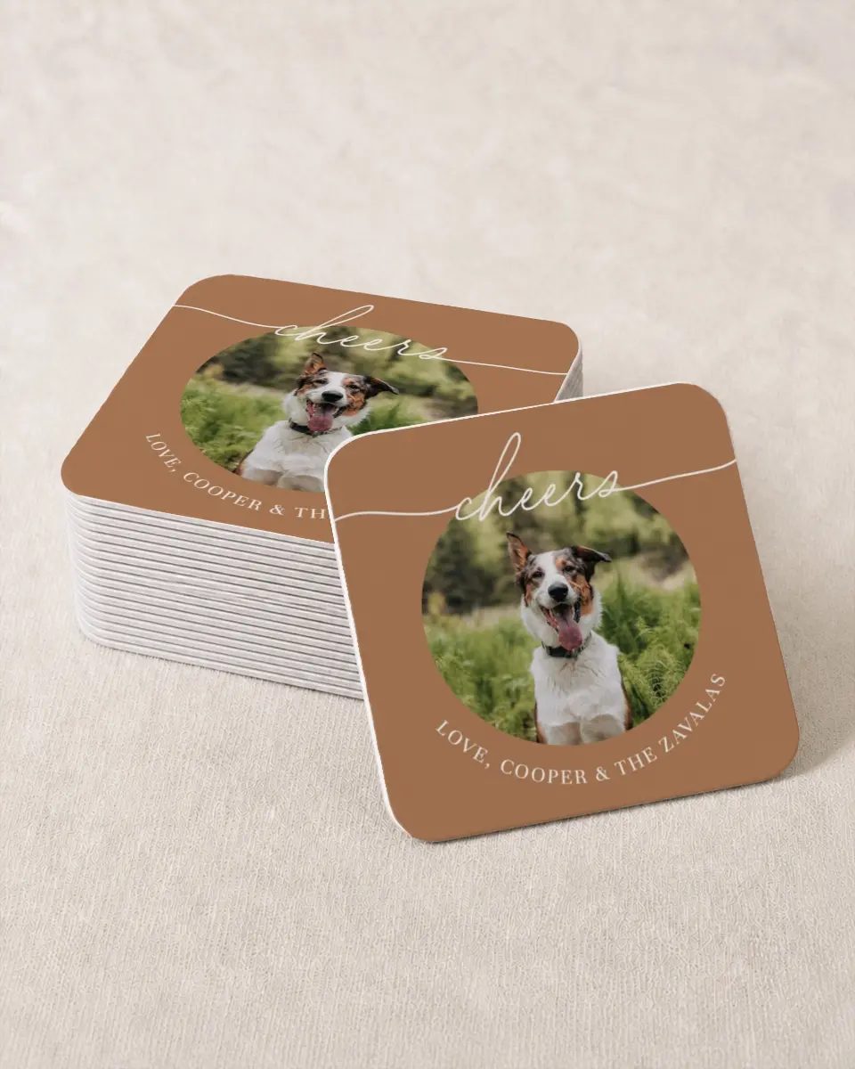 This is a 4" x 4" Wedding Coaster called From Our Pet printed in full color on Kraft Chipboard paper