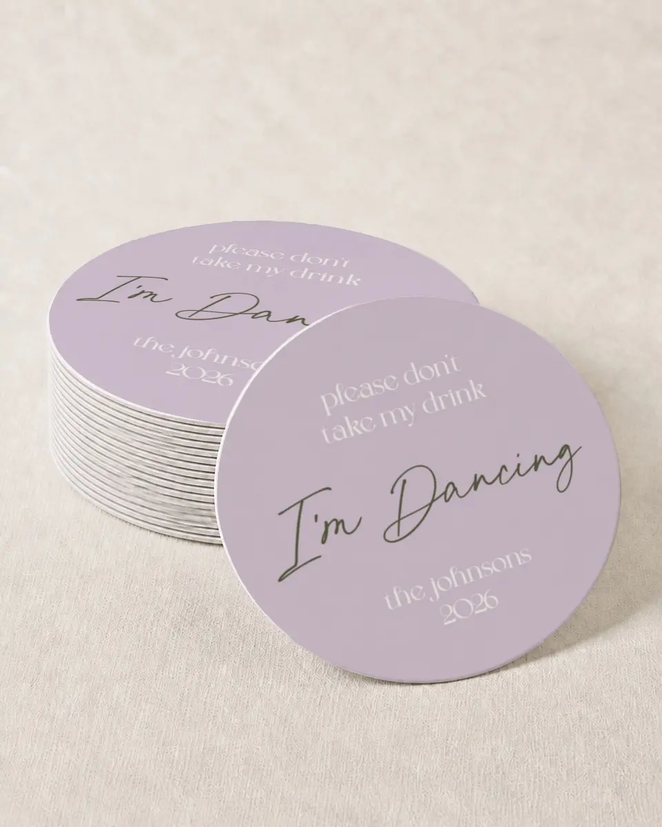 This is a 4" x 4" Wedding Coaster called Delightful Dance printed in full color on Kraft Chipboard paper