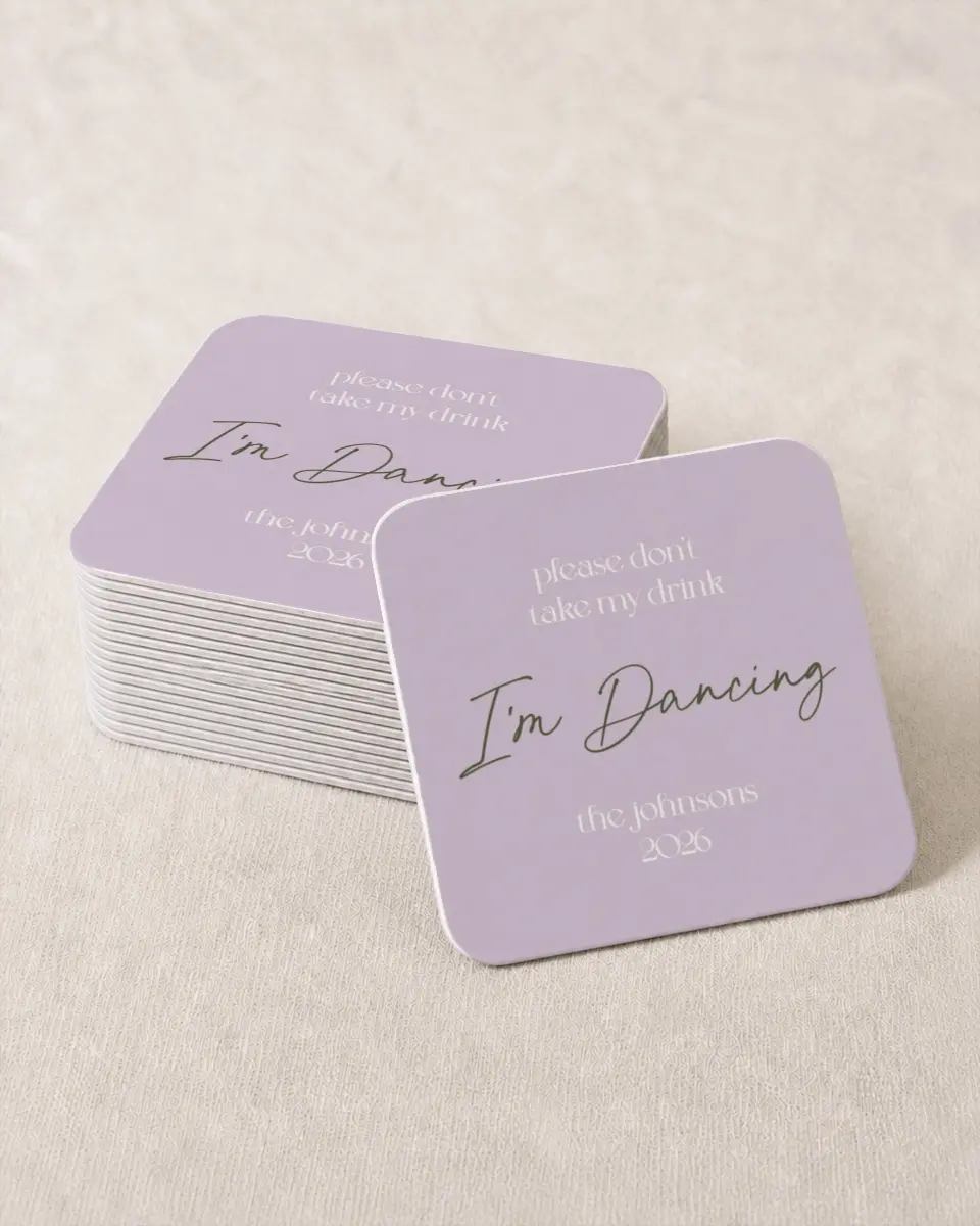 This is a 4" x 4" Wedding Coaster called Delightful Dance printed in full color on Kraft Chipboard paper