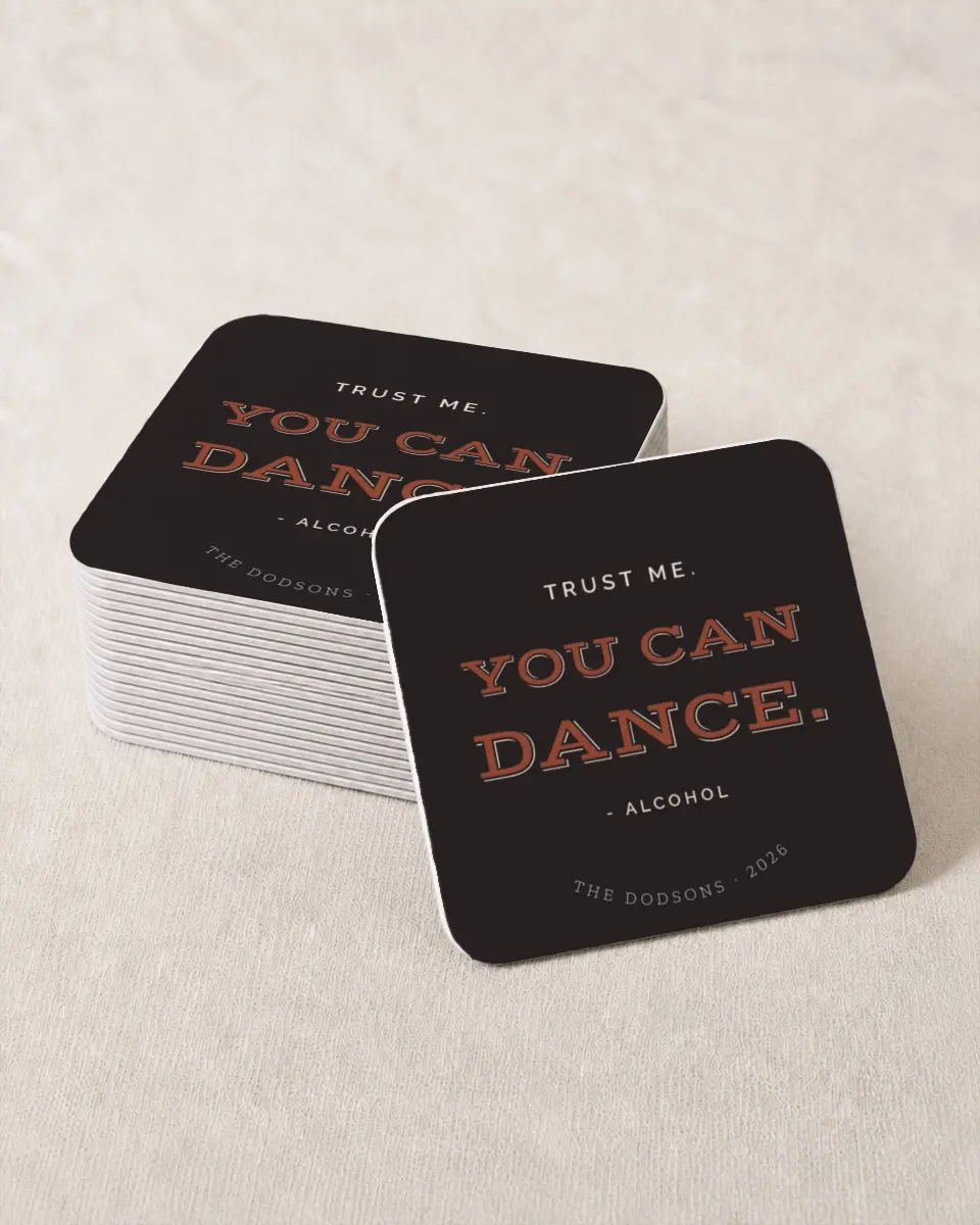 This is a 4" x 4" Wedding Coaster called Alcohol Talks printed in full color with Rose Gold foil on Kraft Chipboard paper