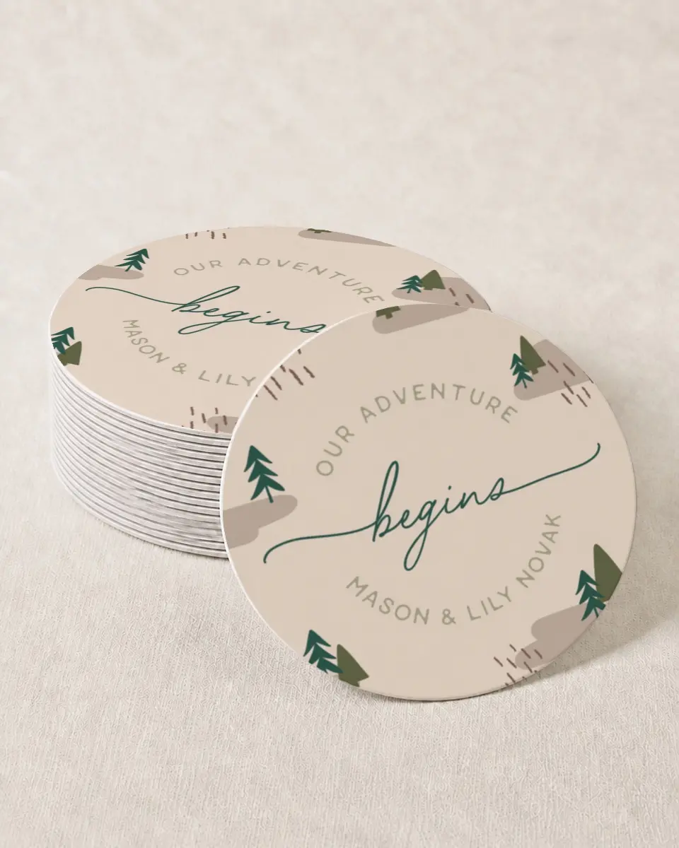 This is a 4" x 4" Wedding Coaster called Love & Adventure printed in full color on Kraft Chipboard paper