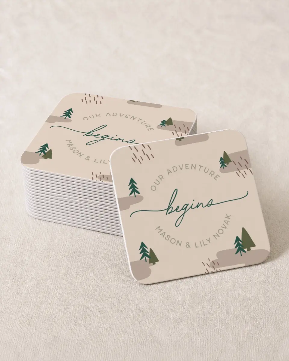 This is a 4" x 4" Wedding Coaster called Love & Adventure printed in full color on Kraft Chipboard paper