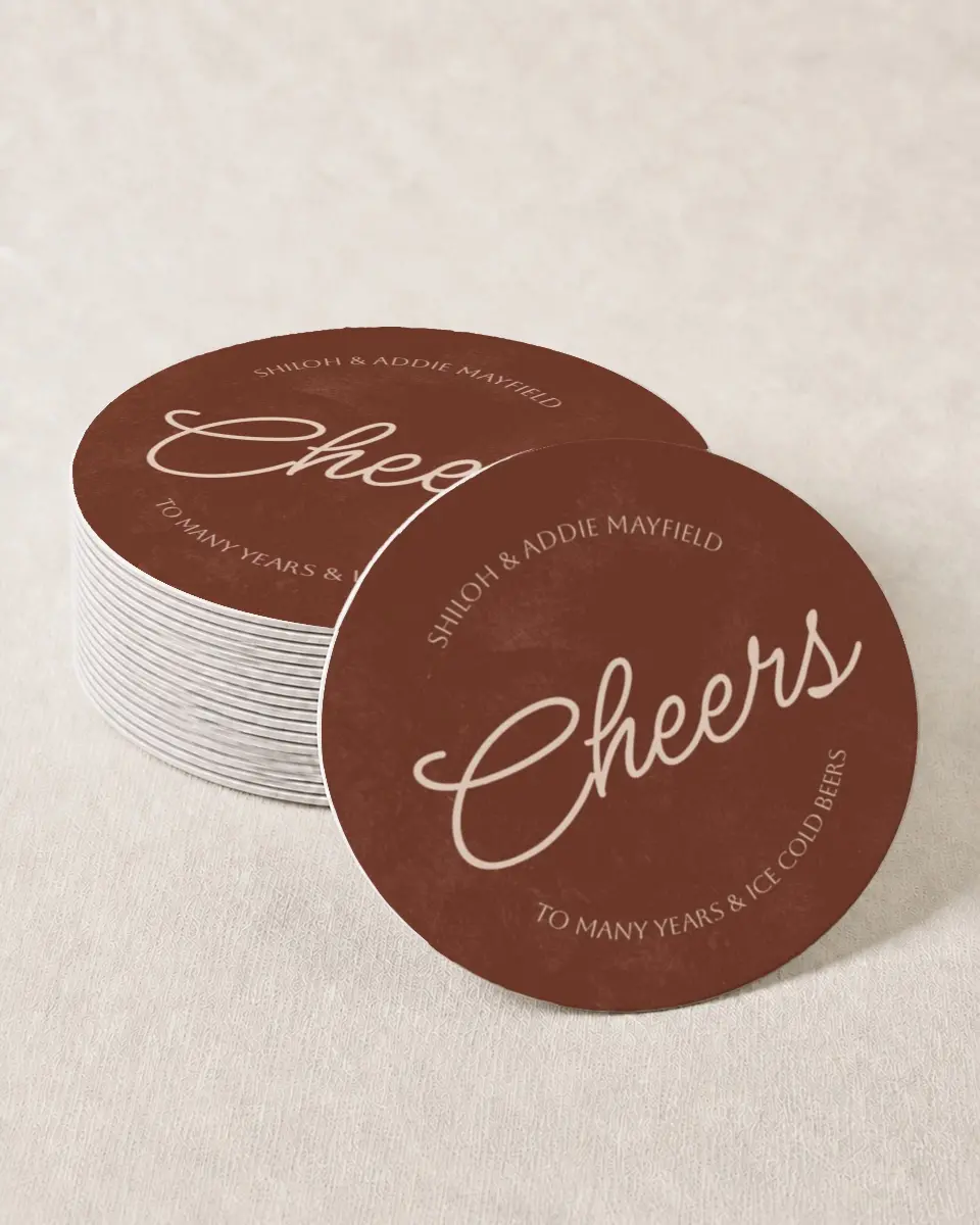 This is a 4" x 4" Wedding Coaster called Years & Beers printed in full color with Gold foil on Kraft Chipboard paper