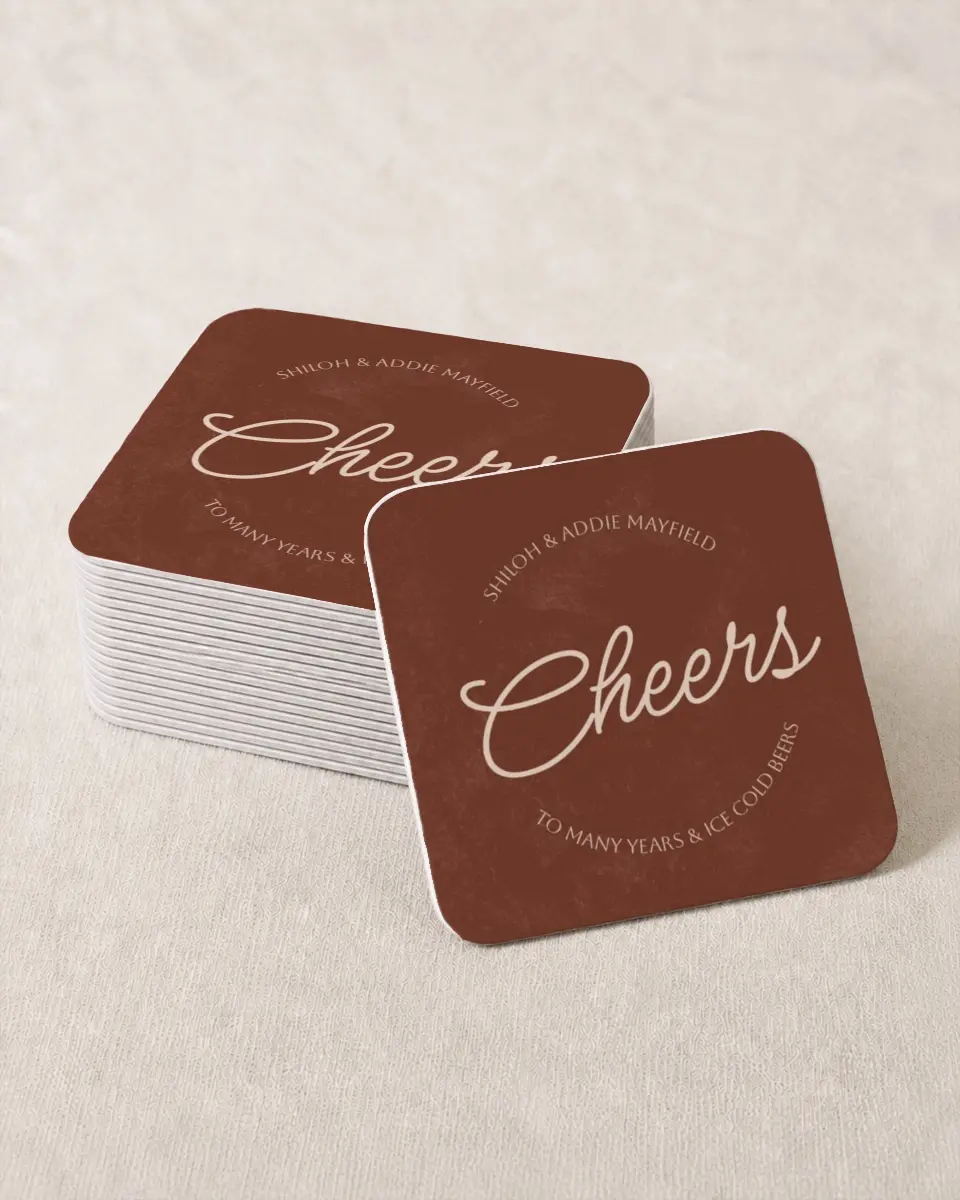 This is a 4" x 4" Wedding Coaster called Years & Beers printed in full color on Kraft Chipboard paper