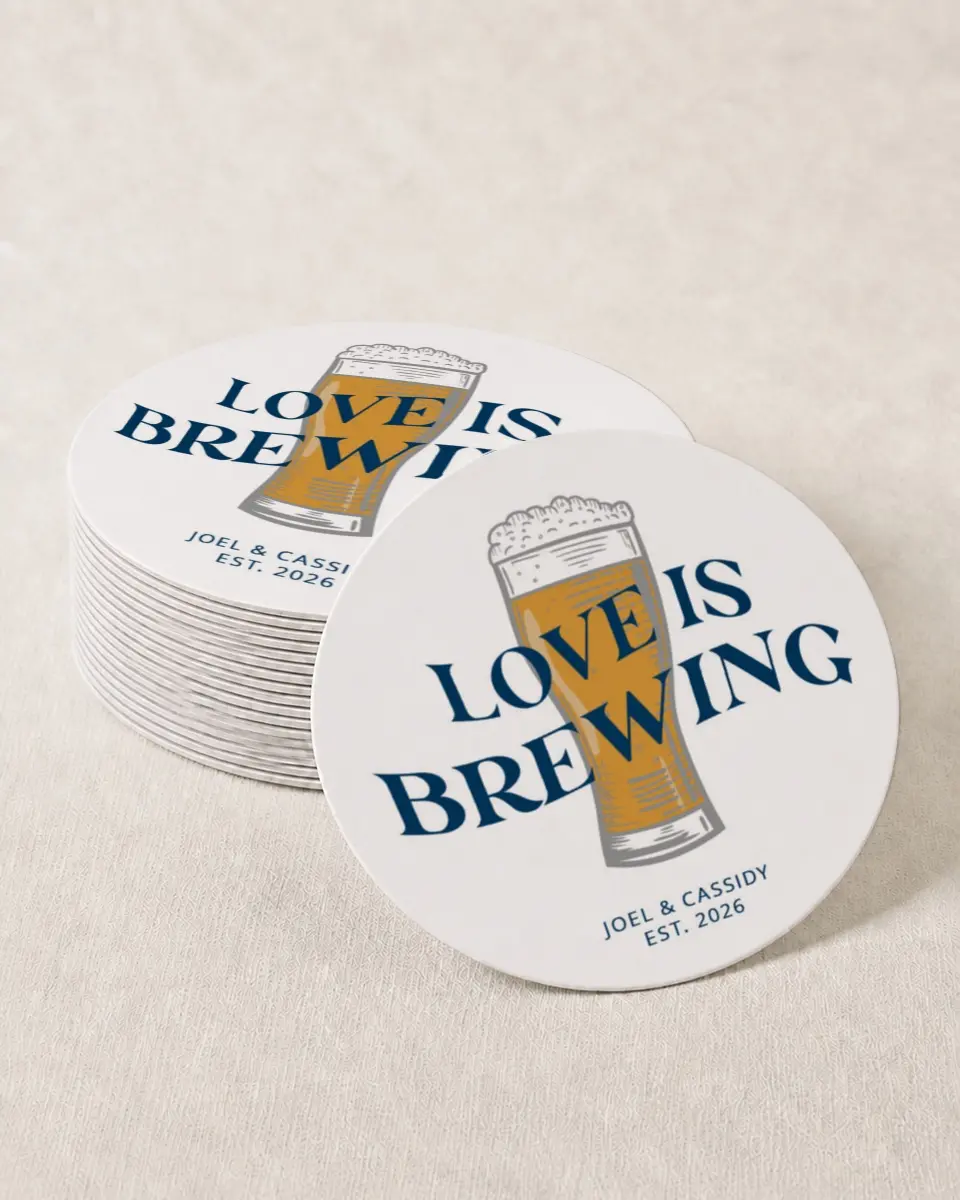This is a 4" x 4" Wedding Coaster called Love is Brewing printed in full color on Kraft Chipboard paper