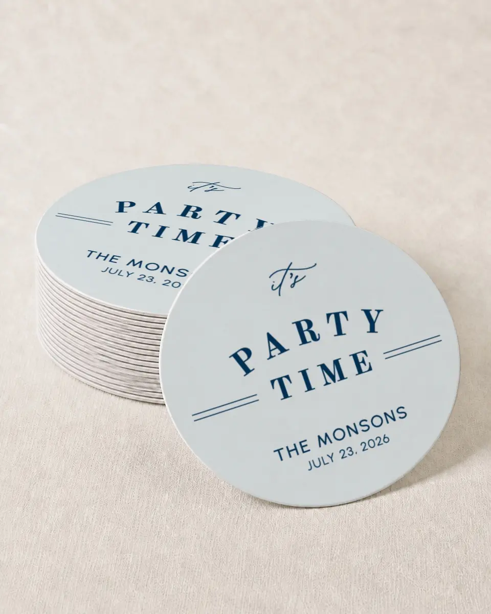 This is a 4" x 4" Wedding Coaster called Party Time printed in full color on Kraft Chipboard paper