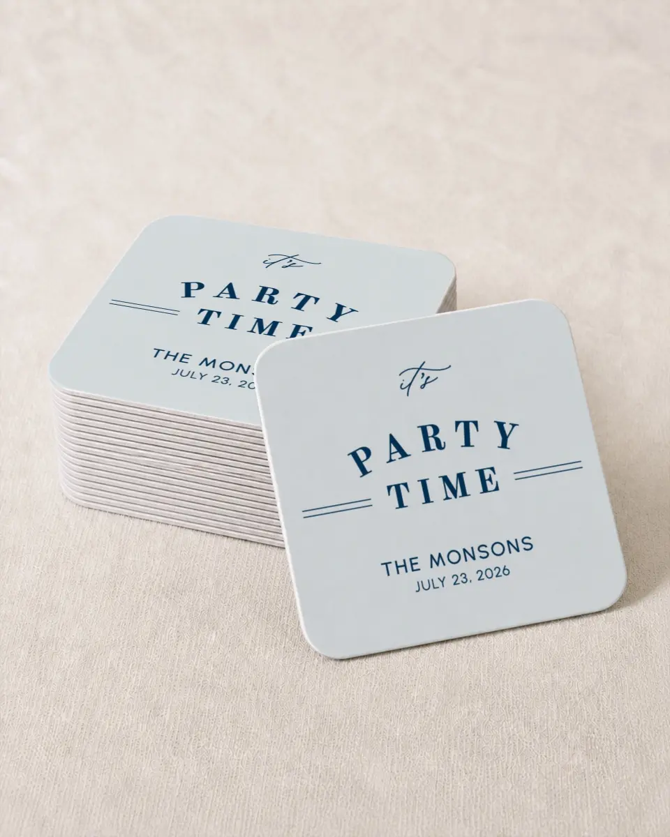 This is a 4" x 4" Wedding Coaster called Party Time printed in full color with Rose Gold foil on Kraft Chipboard paper