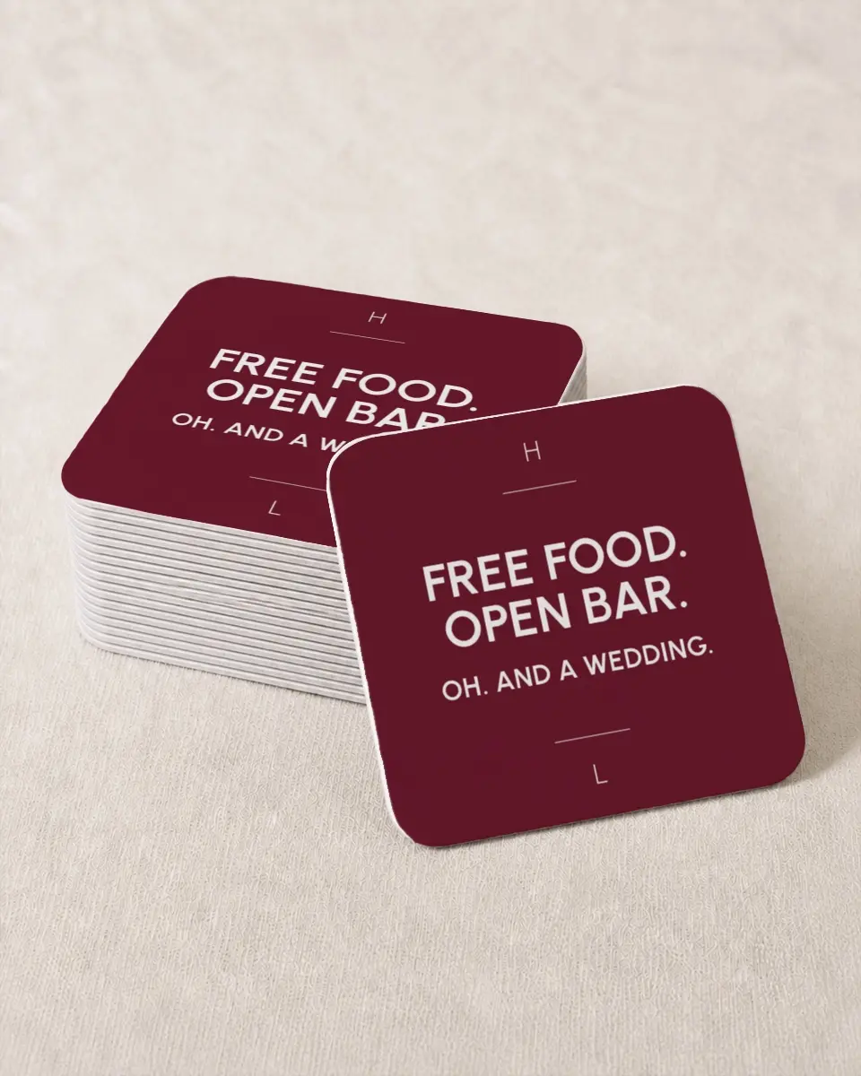 This is a 4" x 4" Wedding Coaster called Reasons to Celebrate printed in full color on Kraft Chipboard paper