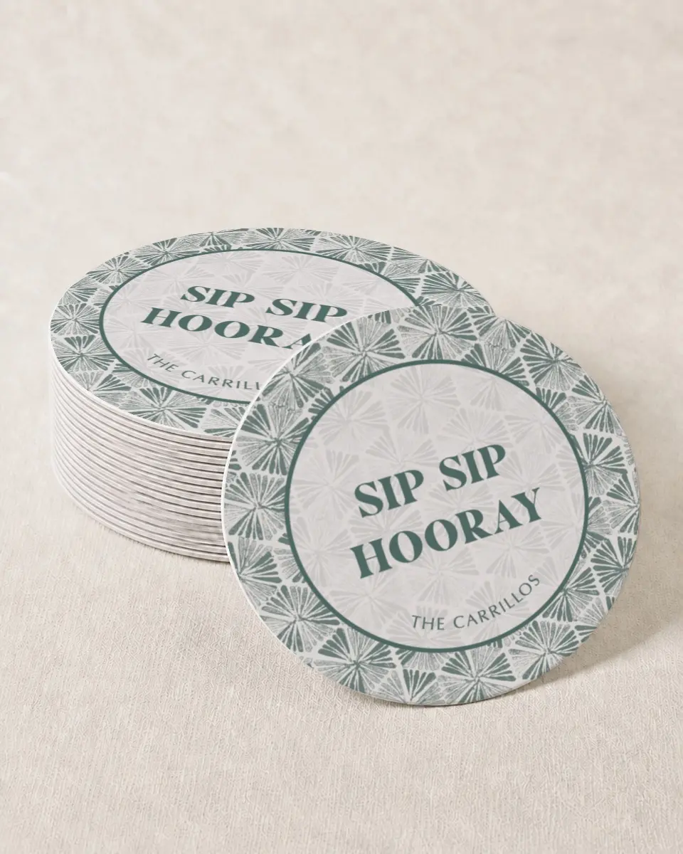This is a 4" x 4" Wedding Coaster called Sip Sip Hooray printed in full color on Kraft Chipboard paper