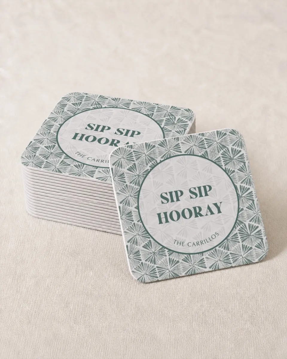 This is a 4" x 4" Wedding Coaster called Sip Sip Hooray printed in full color on Kraft Chipboard paper