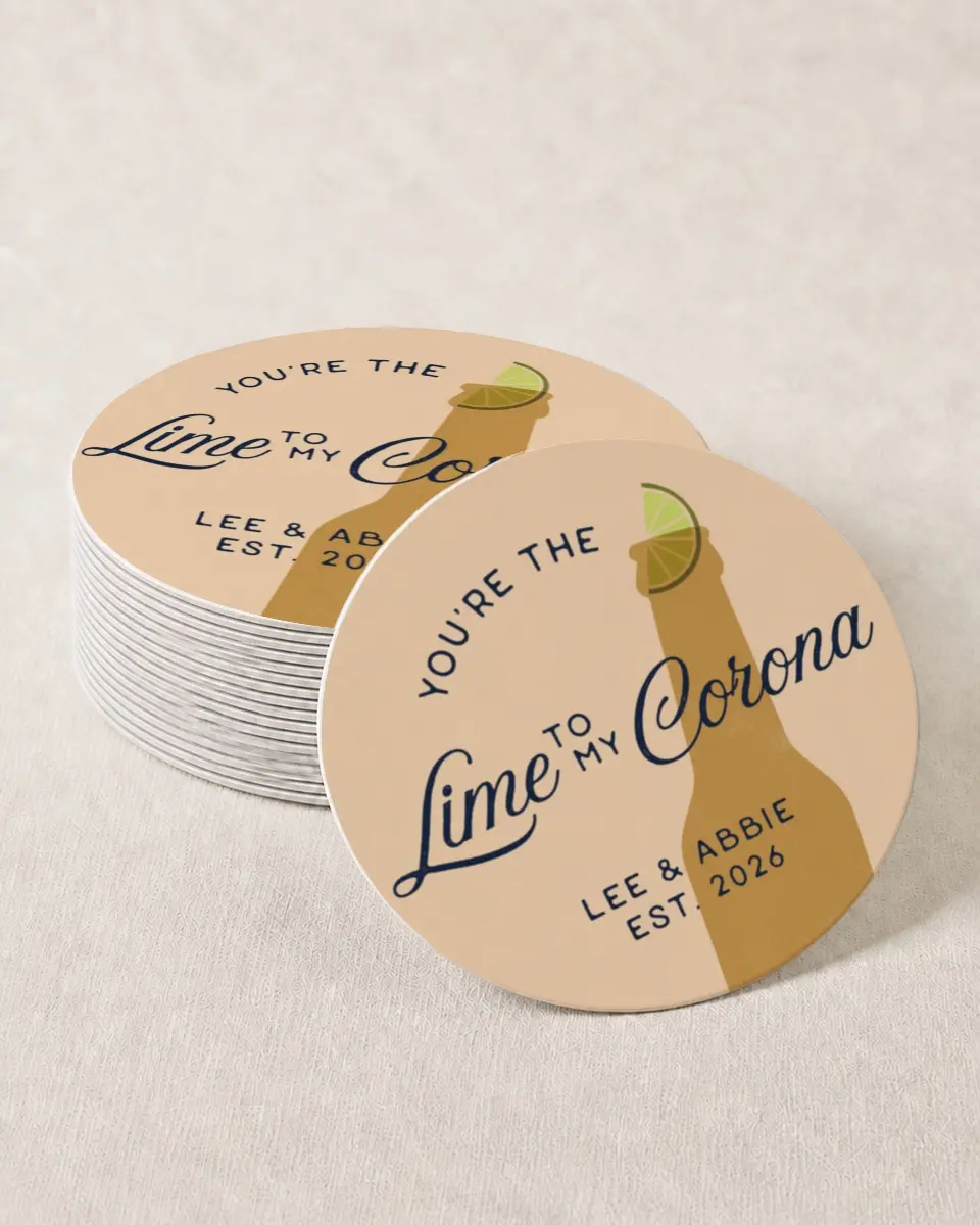 This is a 4" x 4" Wedding Coaster called Beer and Lime printed in full color with Gold foil on Kraft Chipboard paper