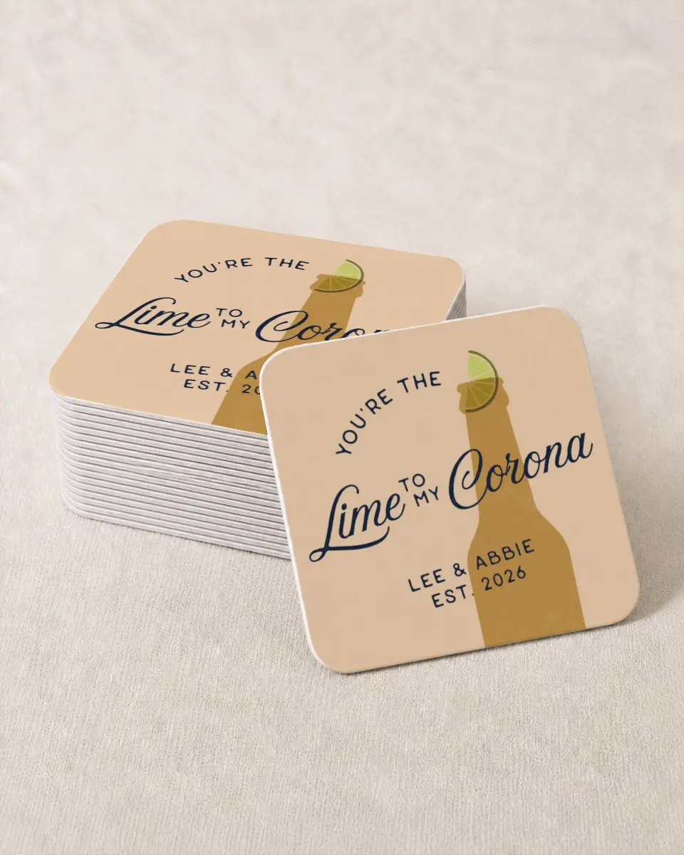 This is a 4" x 4" Wedding Coaster called Beer and Lime printed in full color on Kraft Chipboard paper