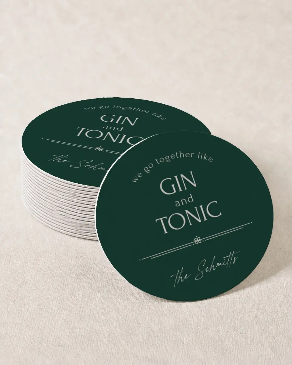 This is a 4" x 4" Wedding Coaster called Gin and Tonic printed in full color with Gold foil on Kraft Chipboard paper