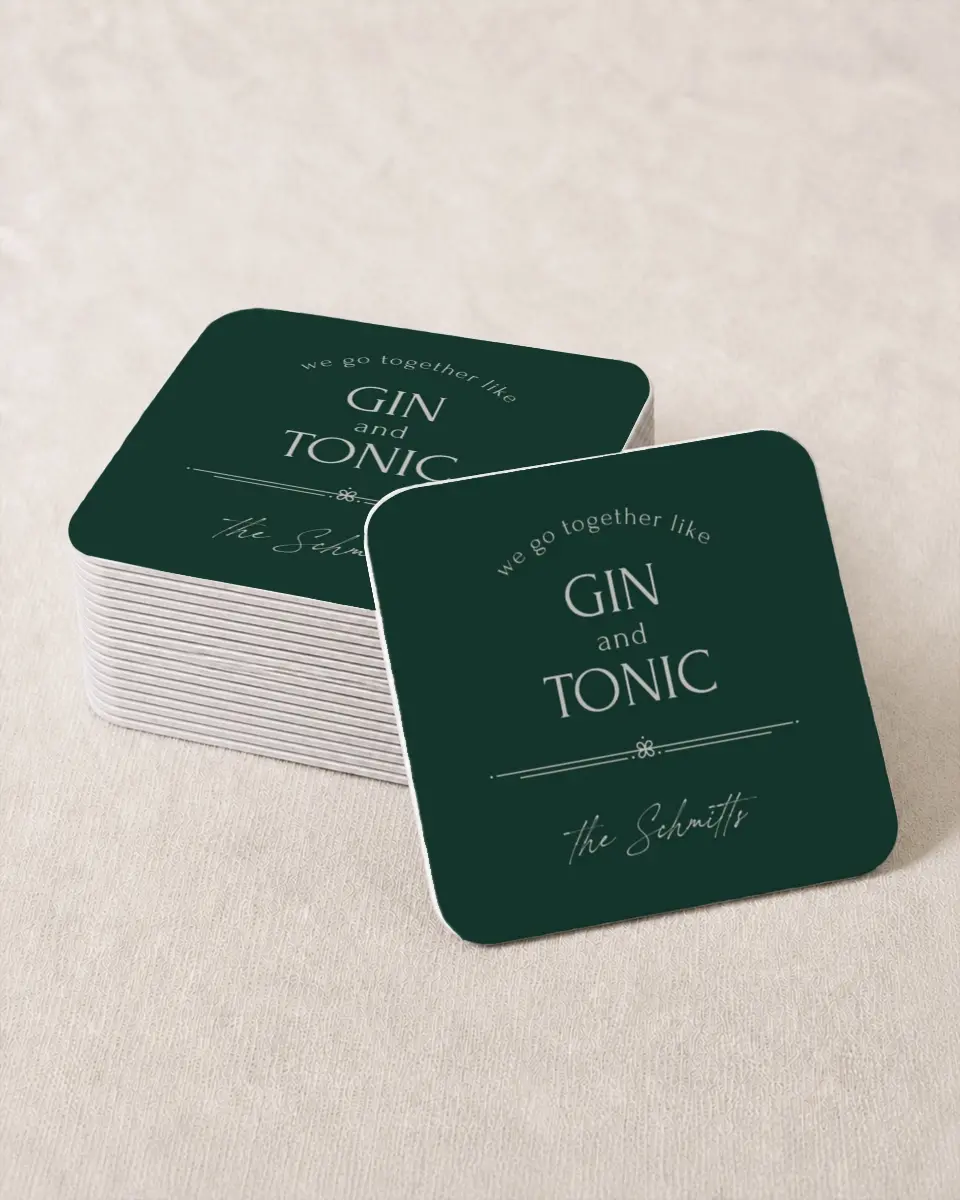 This is a 4" x 4" Wedding Coaster called Gin and Tonic printed in full color on Kraft Chipboard paper