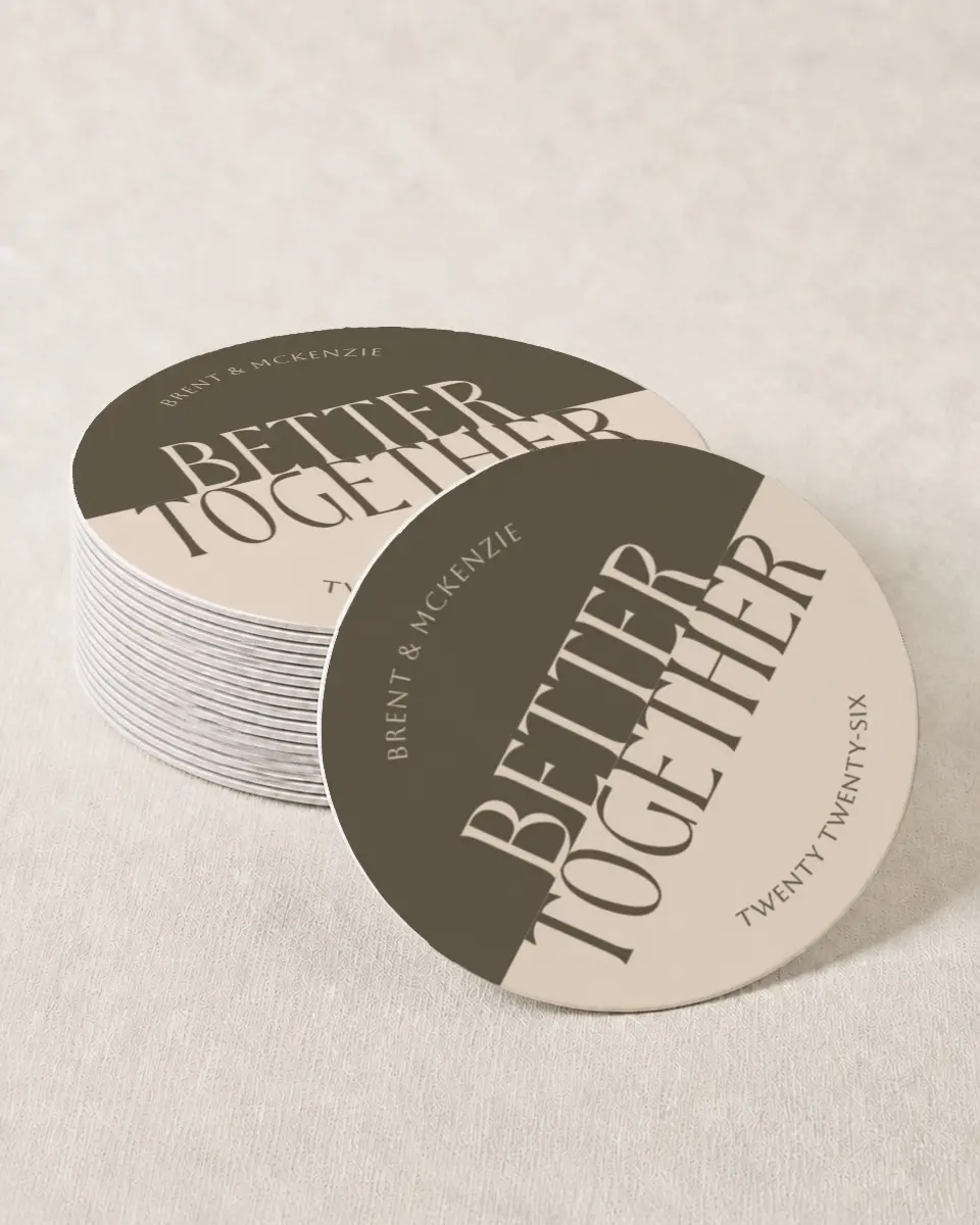 This is a 4" x 4" Wedding Coaster called Dynamic Duo printed in full color with Gold foil on Kraft Chipboard paper