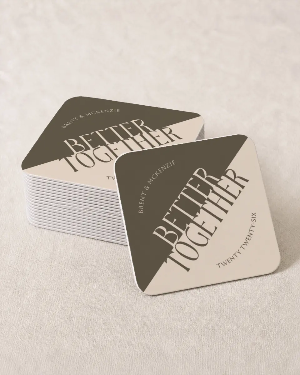 This is a 4" x 4" Wedding Coaster called Dynamic Duo printed in full color on Kraft Chipboard paper