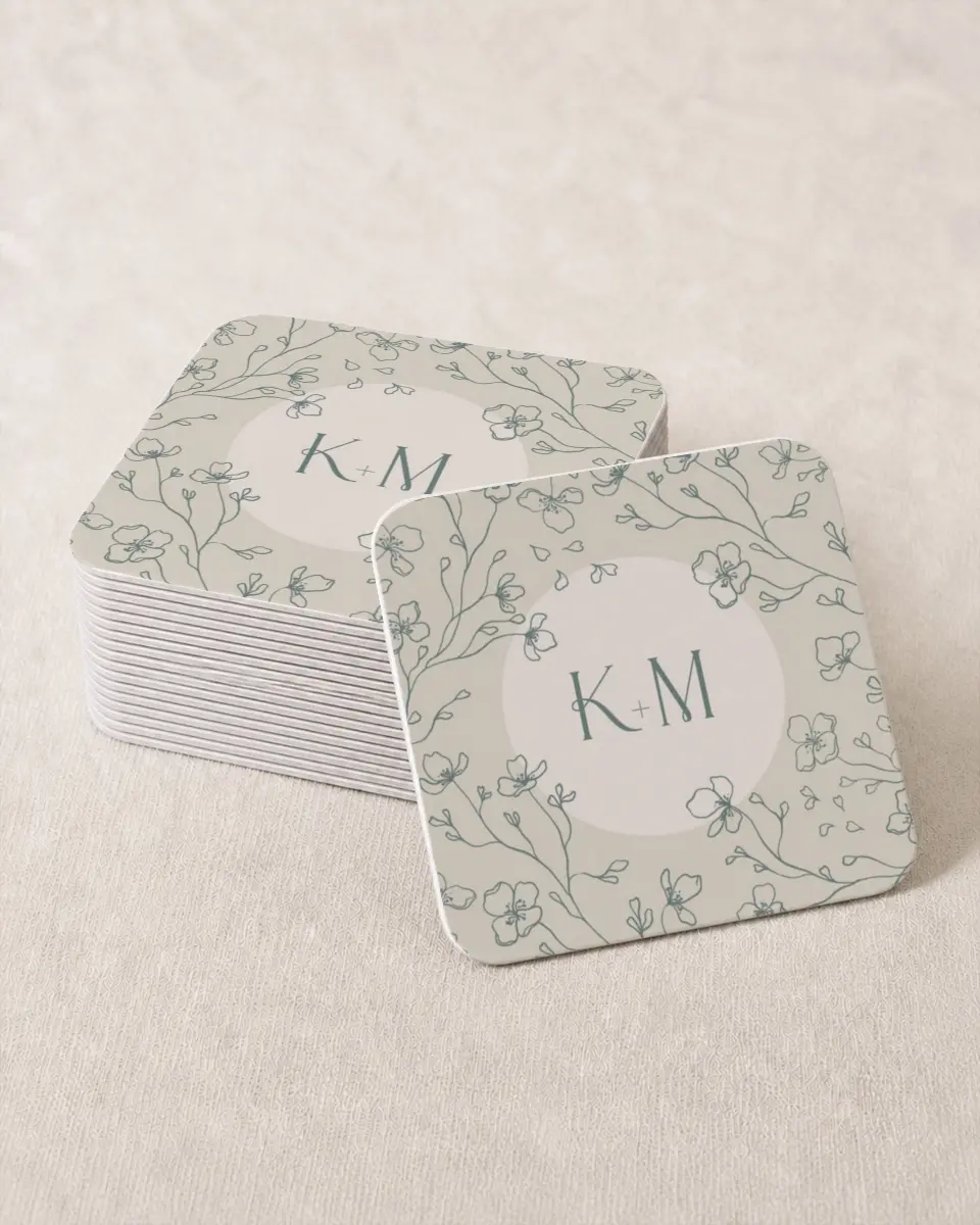 This is a 4" x 4" Wedding Coaster called Married Monogram printed in full color on Kraft Chipboard paper