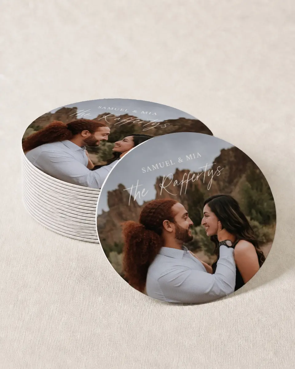 This is a 4" x 4" Wedding Coaster called Picture Perfect printed in full color on Kraft Chipboard paper
