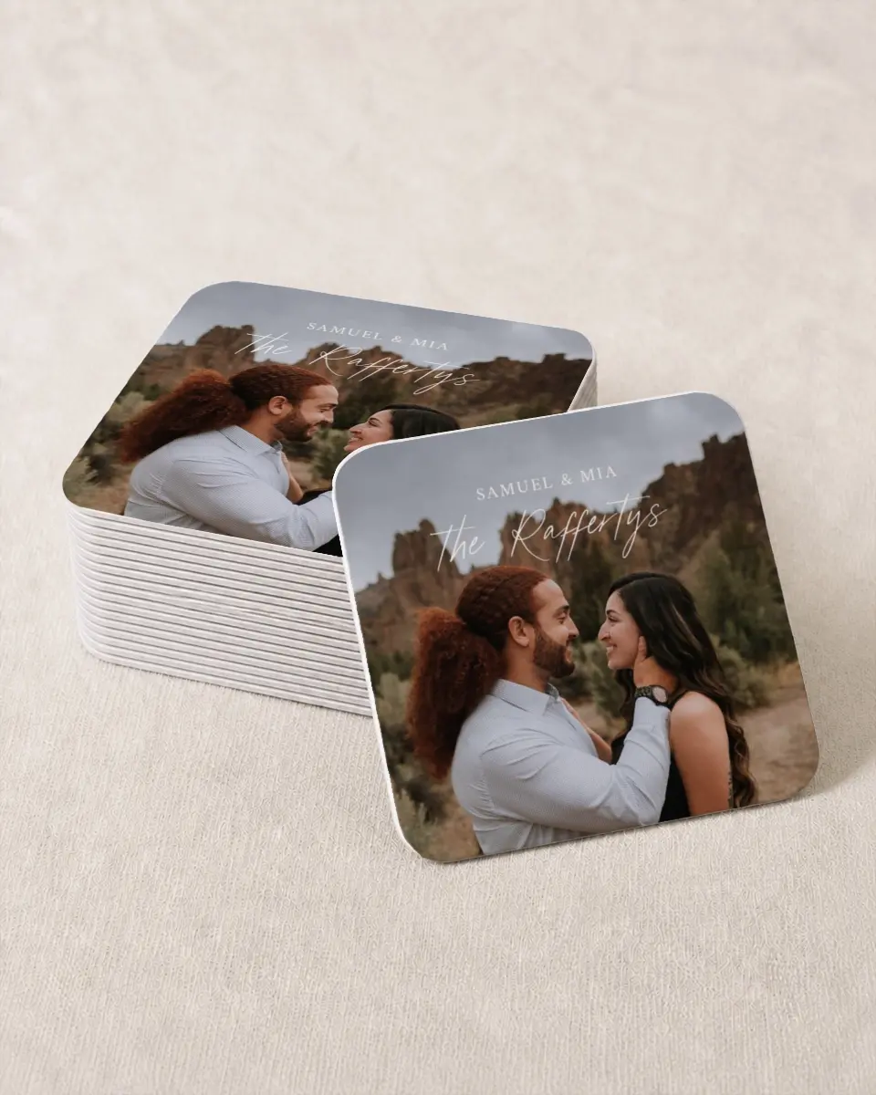 This is a 4" x 4" Wedding Coaster called Picture Perfect printed in full color on Kraft Chipboard paper