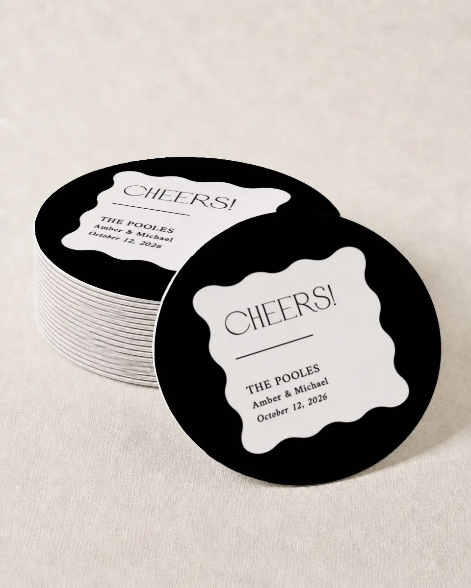 This is a 4" x 4" Wedding Coaster called The Amber printed in full color with Gold foil on Kraft Chipboard paper