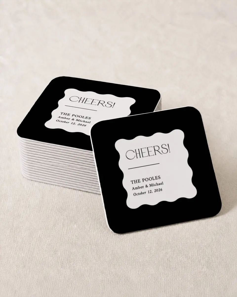 This is a 4" x 4" Wedding Coaster called The Amber printed in full color with Gold foil on Kraft Chipboard paper