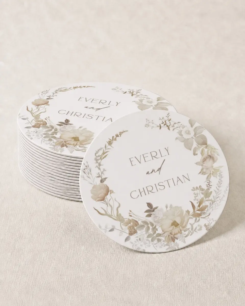 This is a 4" x 4" Wedding Coaster called The Everly printed in full color with Gold foil on Kraft Chipboard paper