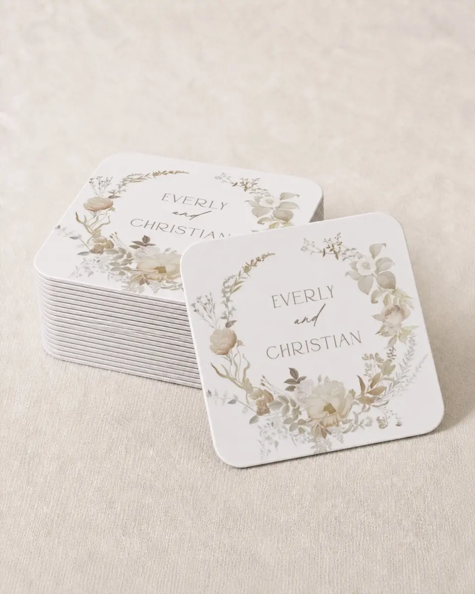 This is a 4" x 4" Wedding Coaster called The Everly printed in full color on Kraft Chipboard paper
