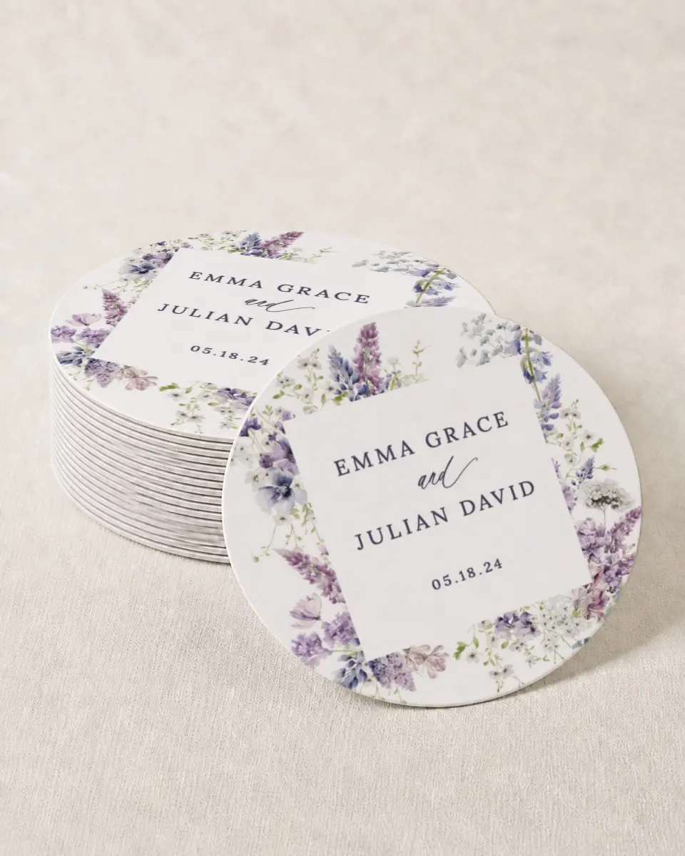 This is a 4" x 4" Wedding Coaster called Euphoric Frame printed in full color with Gold foil on Kraft Chipboard paper