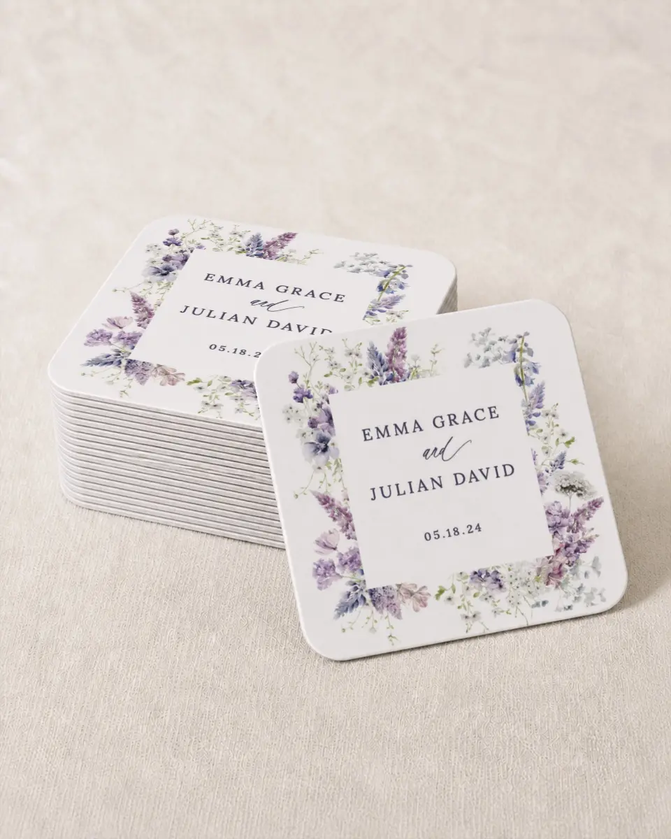 This is a 4" x 4" Wedding Coaster called Euphoric Frame printed in full color with Gold foil on Kraft Chipboard paper
