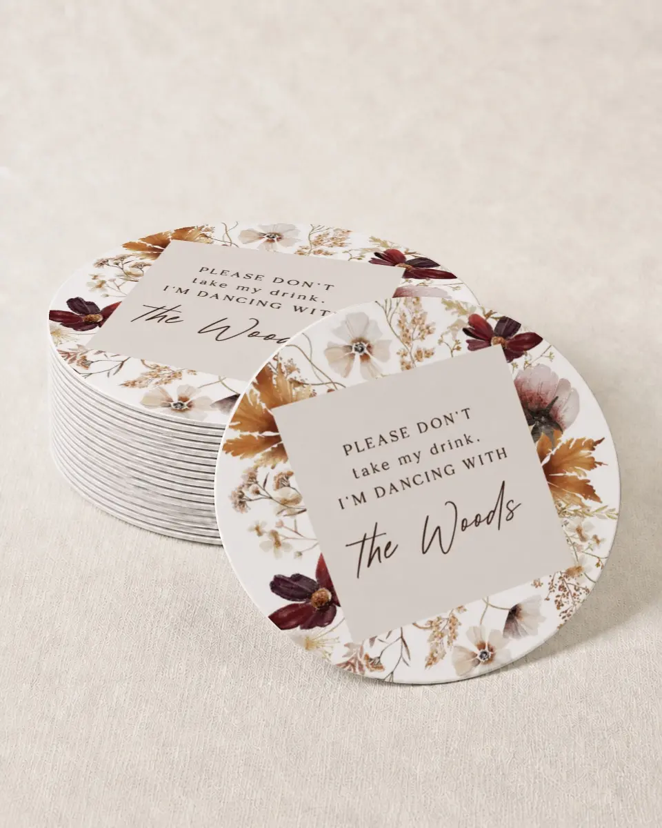 This is a 4" x 4" Wedding Coaster called Autumn Wildflowers printed in full color with Gold foil on Kraft Chipboard paper