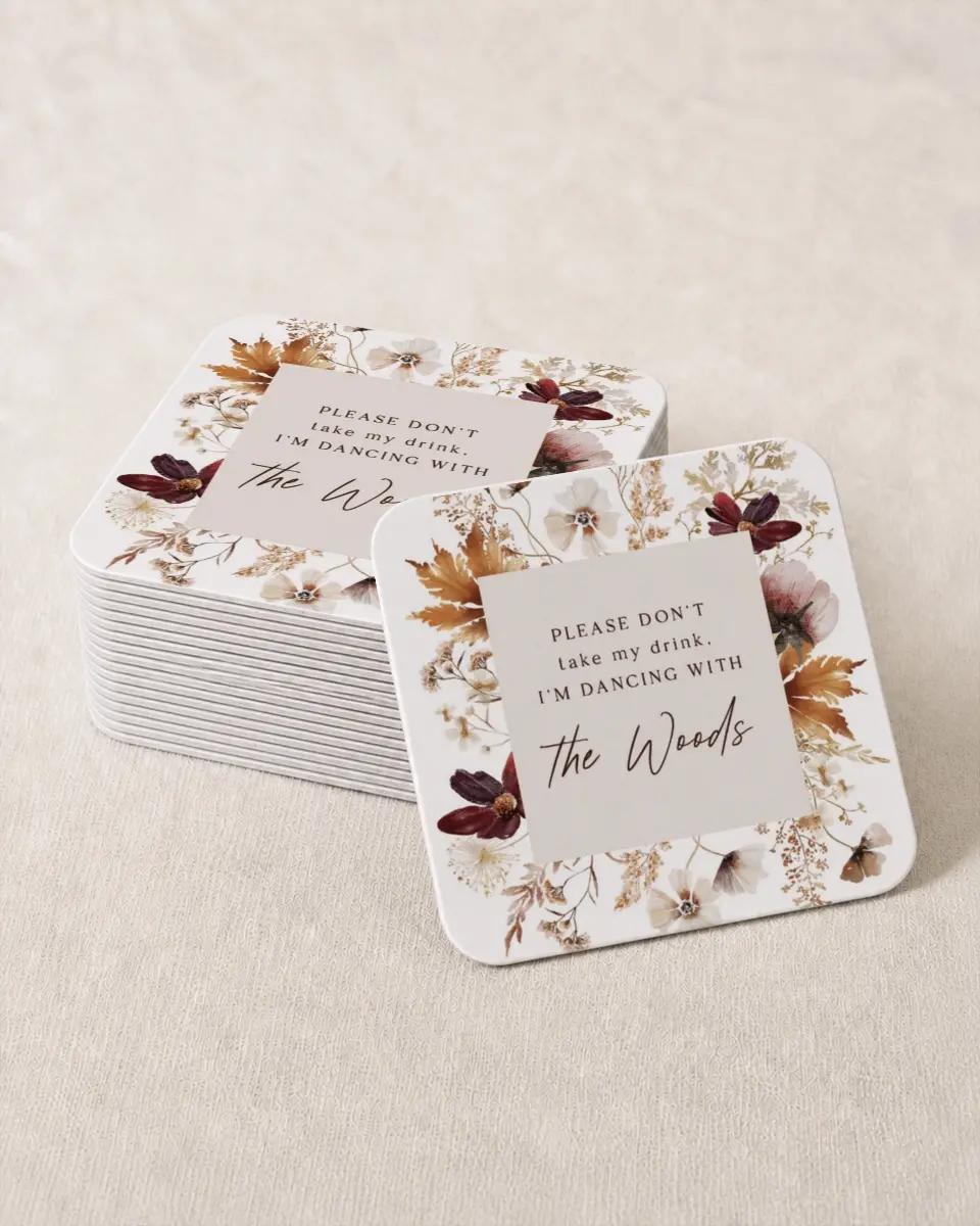 This is a 4" x 4" Wedding Coaster called Autumn Wildflowers printed in full color on Kraft Chipboard paper