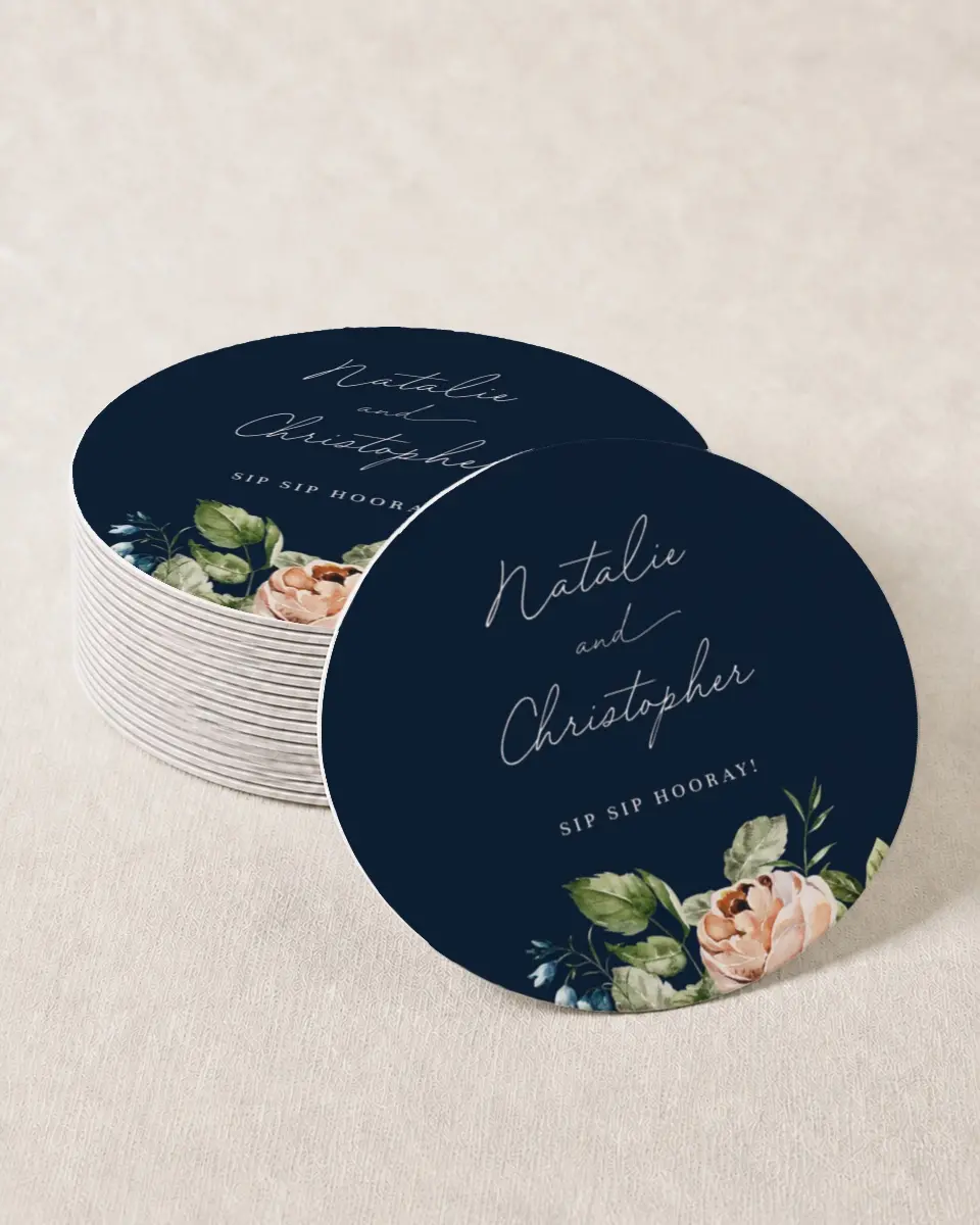 This is a 4" x 4" Wedding Coaster called The Natalie printed in full color with Gold foil on Kraft Chipboard paper