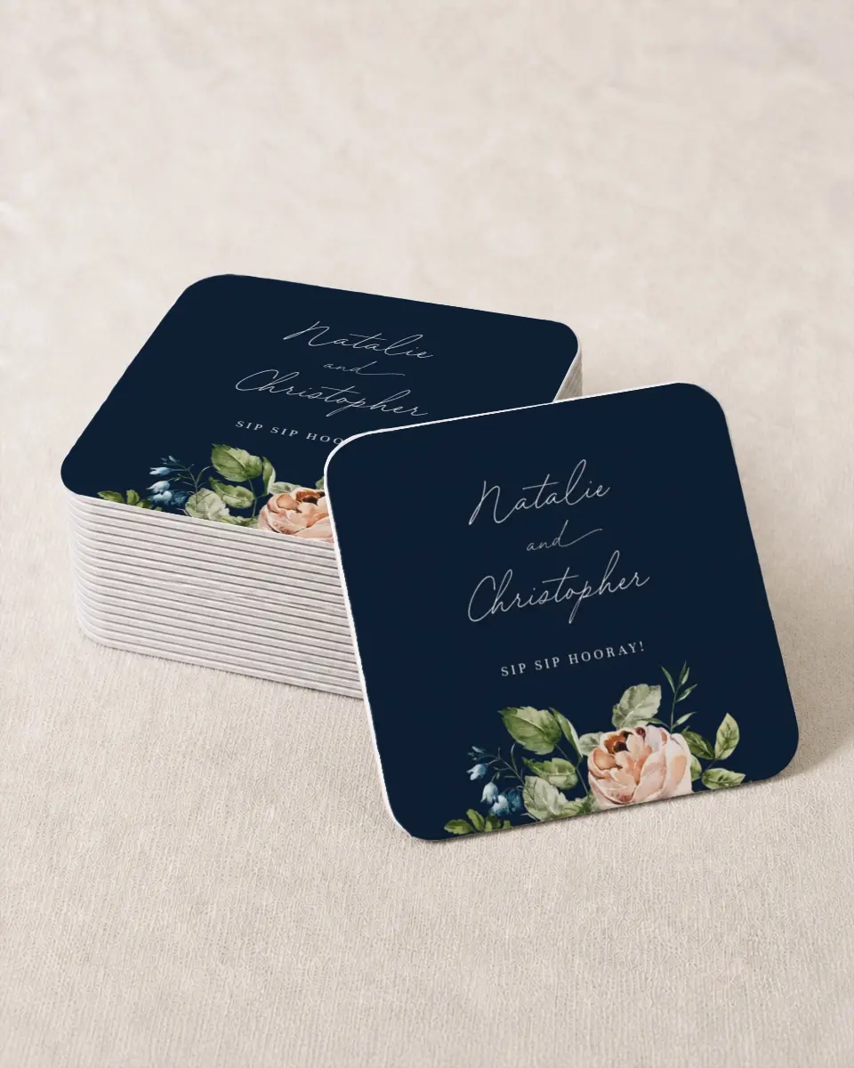 This is a 4" x 4" Wedding Coaster called The Natalie printed in full color on Kraft Chipboard paper