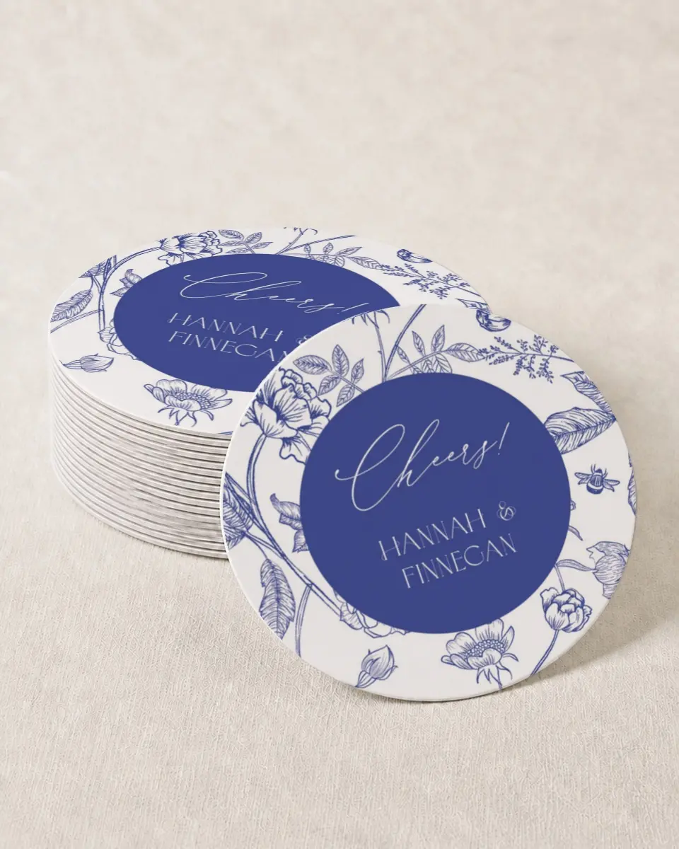 This is a 4" x 4" Wedding Coaster called Modern Chinoiserie printed in full color with Gold foil on Kraft Chipboard paper