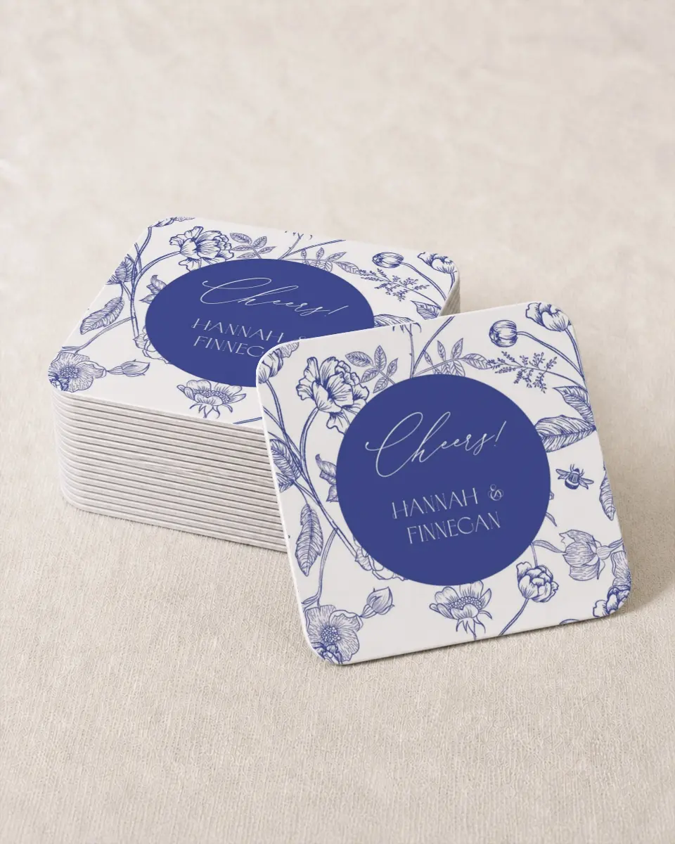 This is a 4" x 4" Wedding Coaster called Modern Chinoiserie printed in full color on Kraft Chipboard paper
