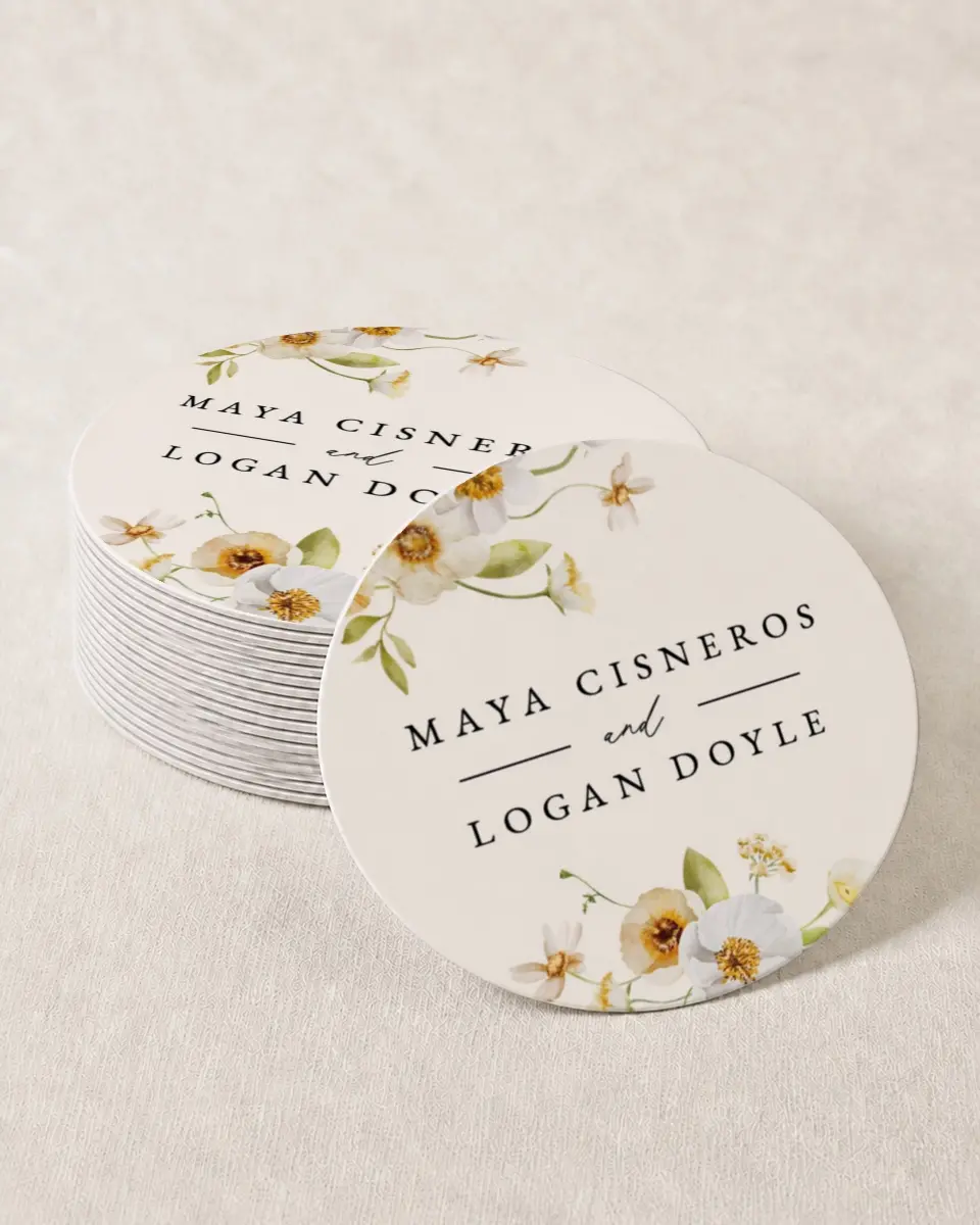 This is a 4" x 4" Wedding Coaster called Charming Cosmos printed in full color with Gold foil on Kraft Chipboard paper