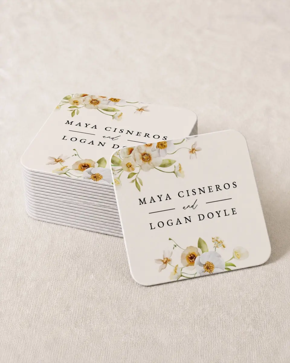 This is a 4" x 4" Wedding Coaster called Charming Cosmos printed in full color with Gold foil on Kraft Chipboard paper