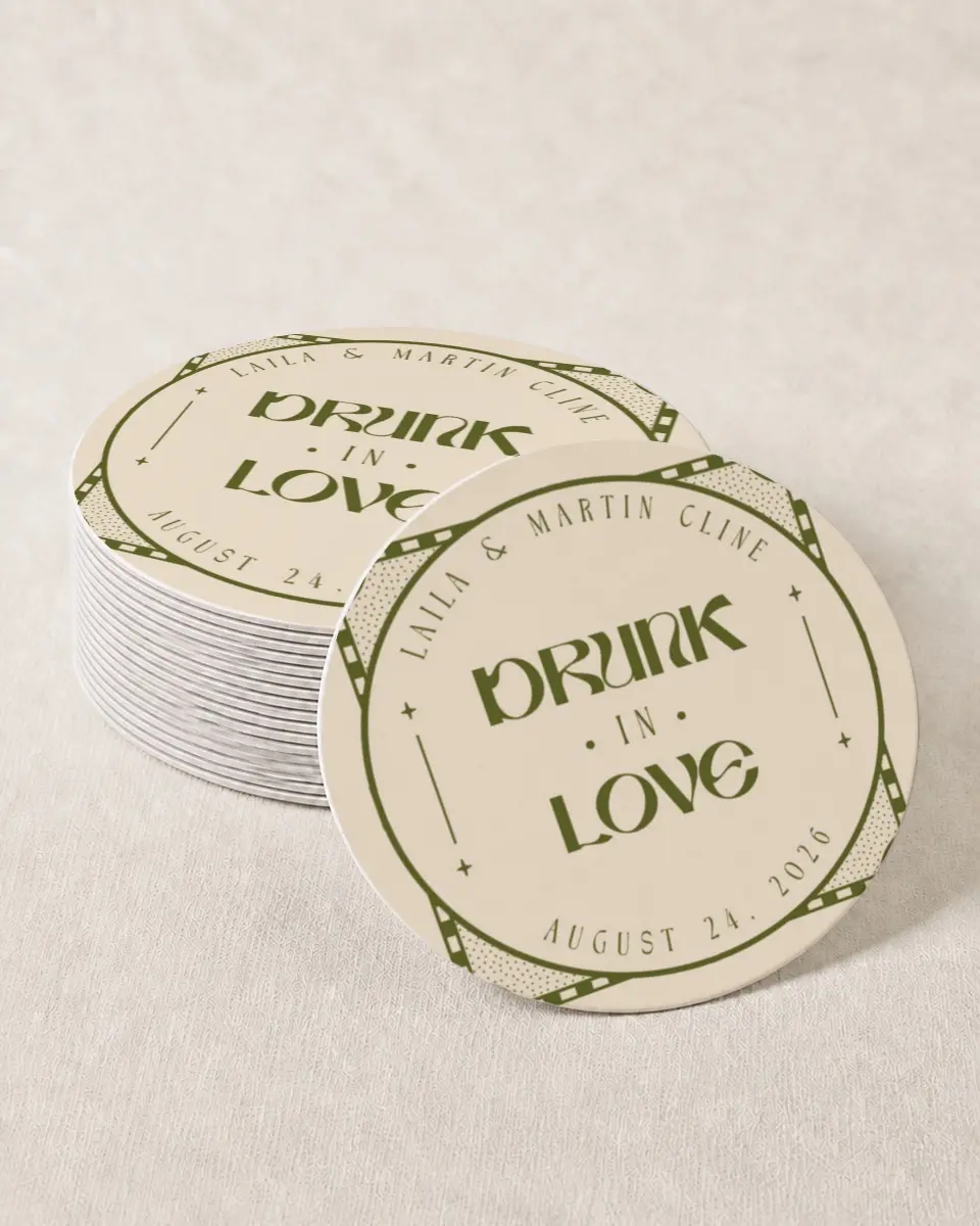 This is a 4" x 4" Wedding Coaster called Desert Funk printed in full color with Gold foil on Kraft Chipboard paper