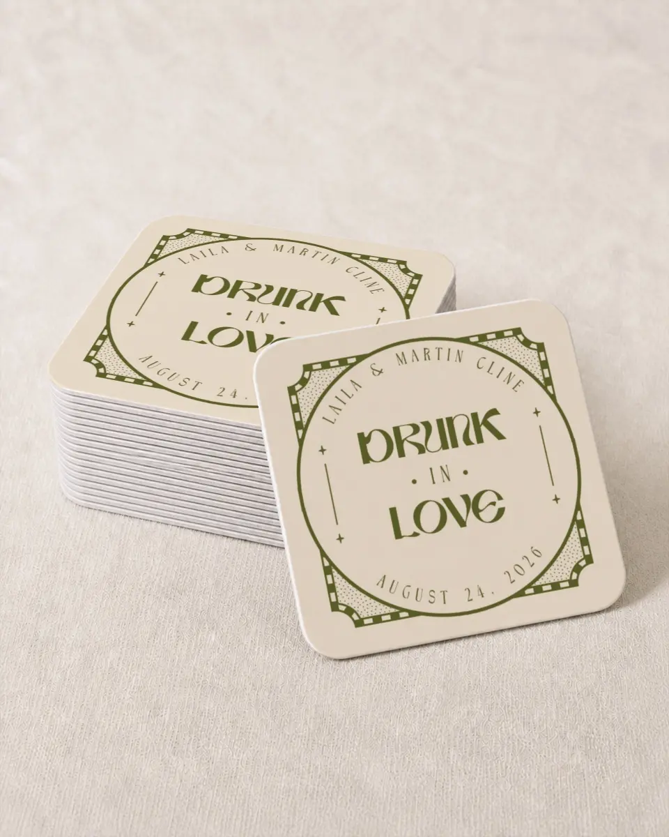 This is a 4" x 4" Wedding Coaster called Desert Funk printed in full color with Gold foil on Kraft Chipboard paper