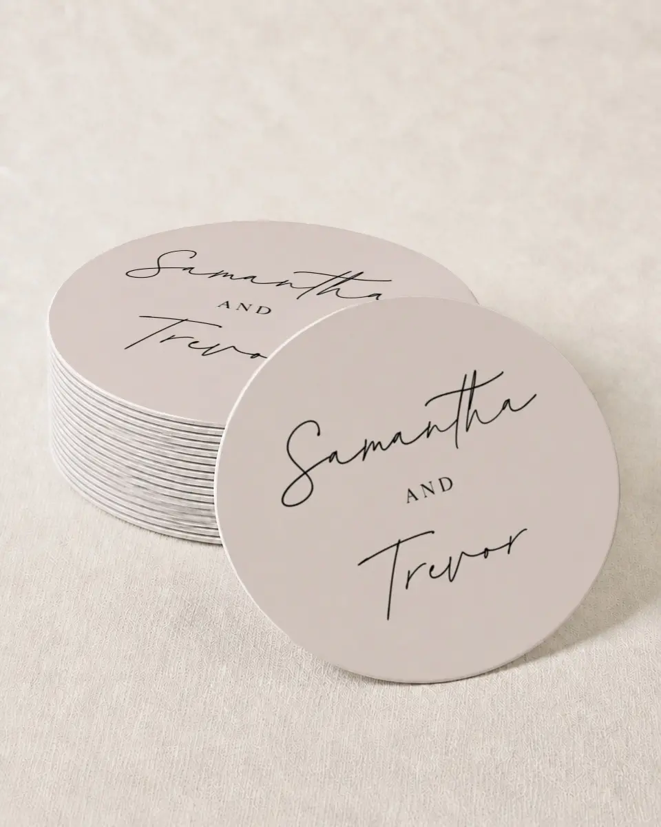 This is a 4" x 4" Wedding Coaster called The Samantha printed in full color with Gold foil on Kraft Chipboard paper