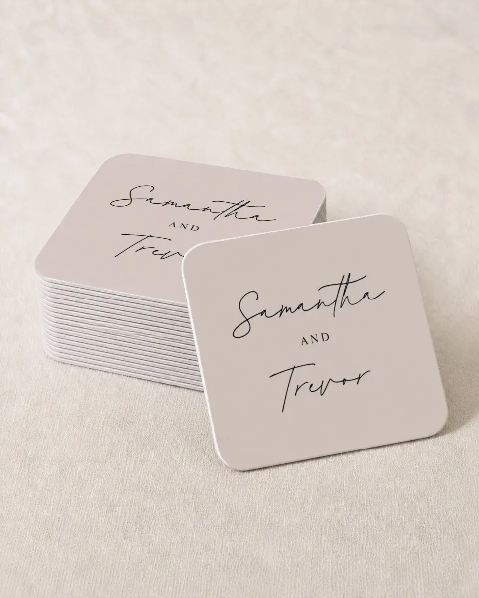 This is a 4" x 4" Wedding Coaster called The Samantha printed in full color on Kraft Chipboard paper