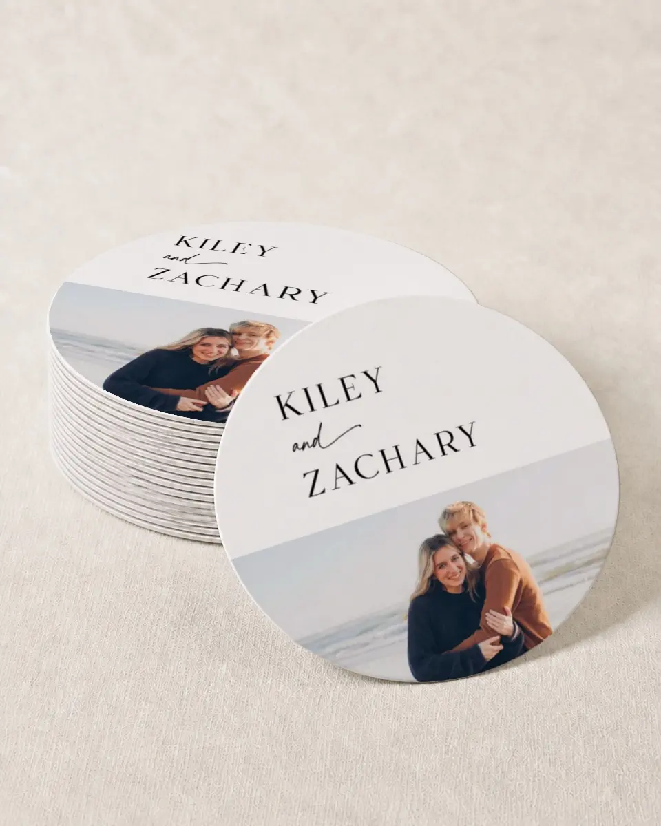 This is a 4" x 4" Wedding Coaster called Picturesque printed in full color with Gold foil on Kraft Chipboard paper