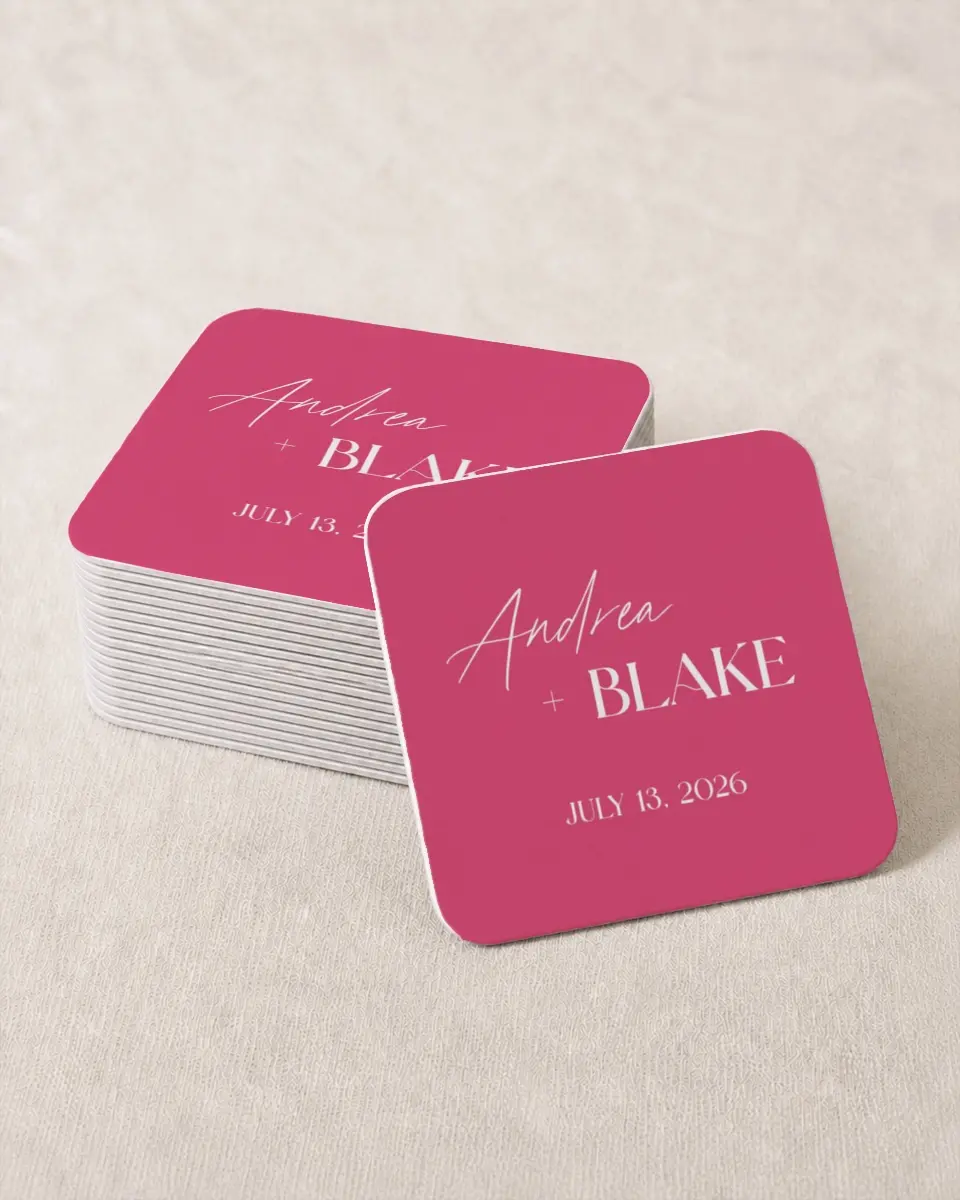 This is a 4" x 4" Wedding Coaster called The Andrea printed in full color on Kraft Chipboard paper